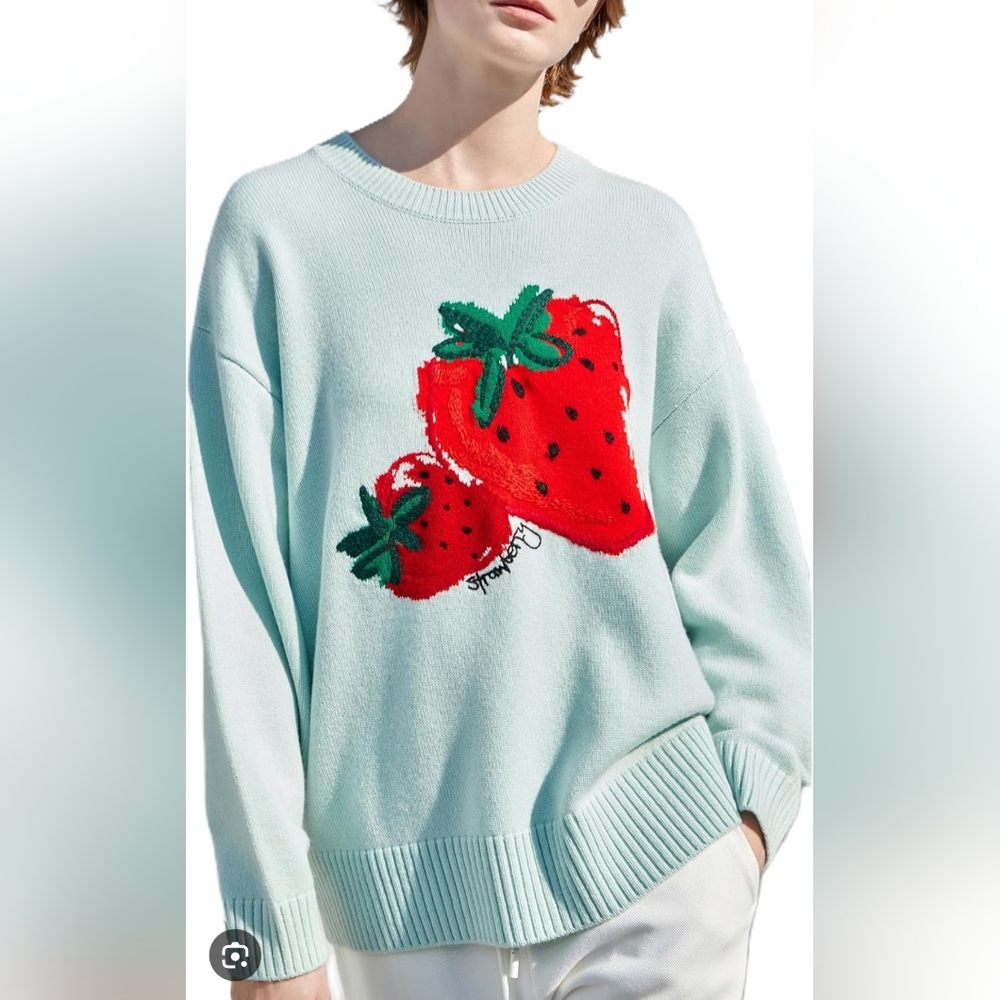 Roselili Y2K Graphic Strawberry Oversized Women's Sweater Size Small